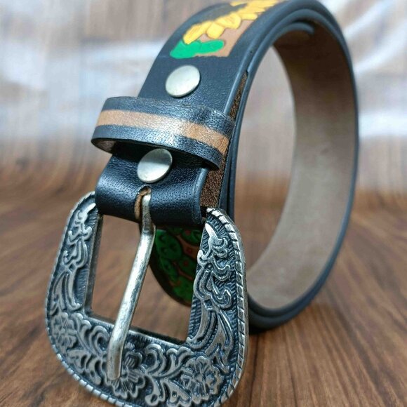 Floral Strap Belt, Embossed Full Grain Leather Belt, Western Hand-Tooled Belt - Picture 2 of 12